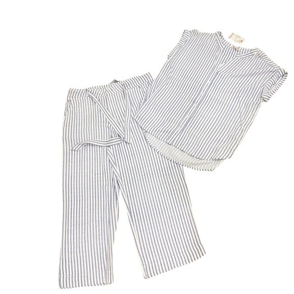 NWT Rag Poets 2 piece striped blue & white cropped pant & cap sleeve top medium - Picture 2 of 16